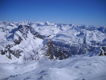 Scenic view of snowcapped mountains against clear blue sky