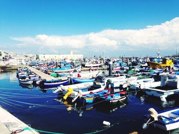 High angle view of boats moored in harbor