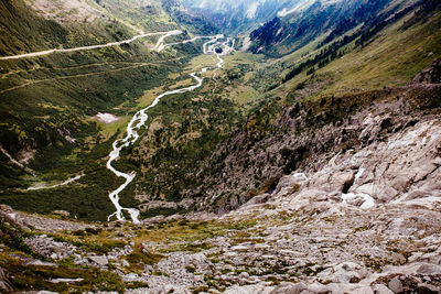 High angle view of winding road on mountains at furkapass