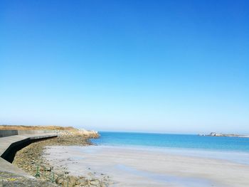 Scenic view of sea against clear blue sky