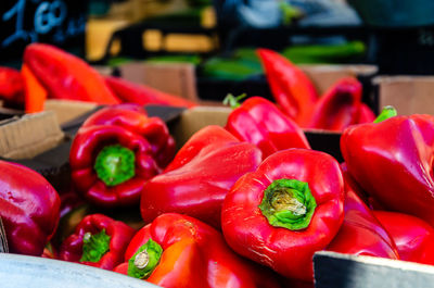 Close-up of red bell peppers for sale in market