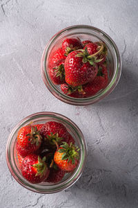 High angle view of fruit salad in glass bowl