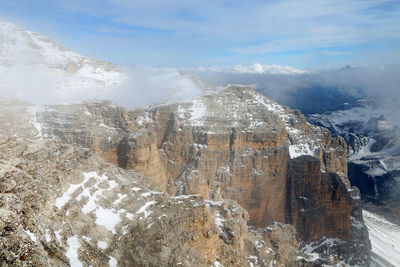 Snowy rocky mountains against sky