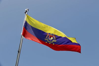 Low angle view of federal territory flag waving against clear blue sky