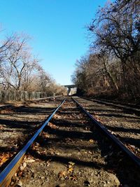 Railroad track amidst trees against clear sky