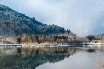 Scenic view of lake by trees against sky