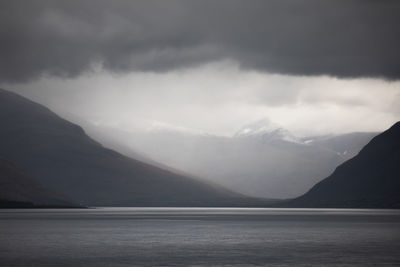 Scenic view of lake and mountains against sky