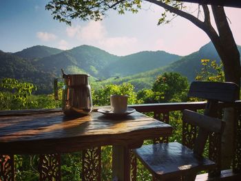 Built structure on table against mountain range