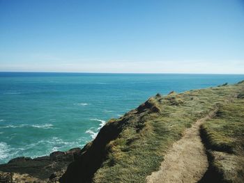 Scenic view of sea against clear blue sky