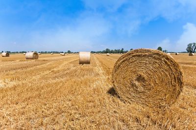 Hay bales on field against sky