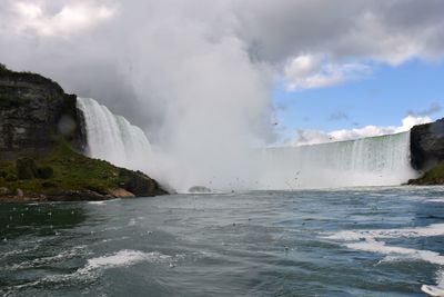 Waves splashing on rocks against sky