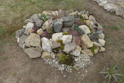 High angle view of stones on field