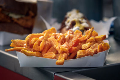 Close-up of fries on table