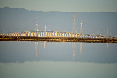 Reflection of bridge on water against sky