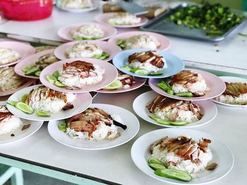 High angle view of food served on table