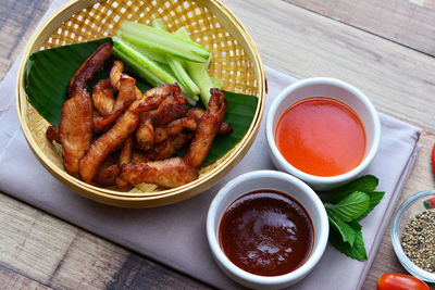 High angle view of breakfast on table