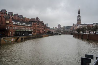 View of buildings by river against cloudy sky