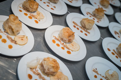 High angle view of dessert served on table