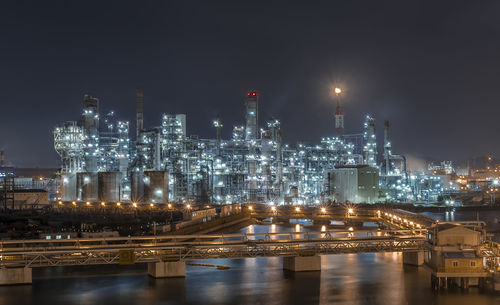 Illuminated factory against sky at night