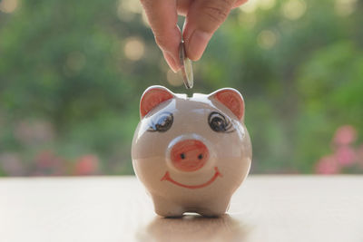 Close-up of person inserting coin in piggy bank on table