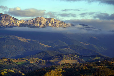 Aerial view of mountain range against sky