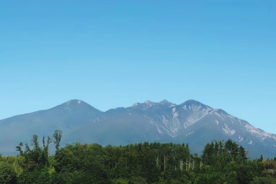 Scenic view of mountains against clear blue sky