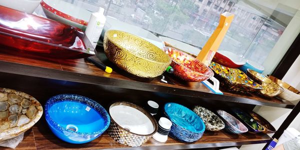 High angle view of multi colored food on table