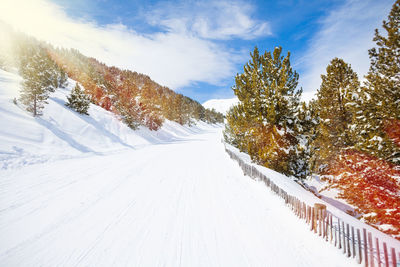 Snow covered landscape against sky