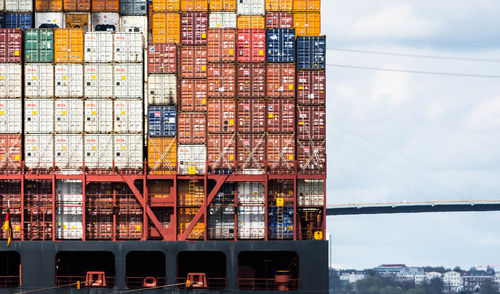 View of container ship against sky