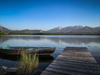 Scenic view of lake against clear blue sky