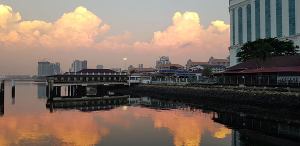 Buildings by river against sky during sunset