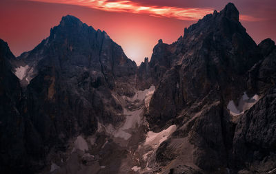 Aerial view at dawn of the peaks of the pale si san martino in melting glaciers in trentino