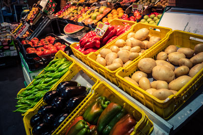 High angle view of vegetables for sale at market stall