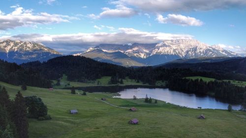 Scenic view of lake and mountains against sky