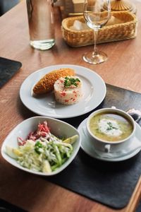 High angle view of meal served on table