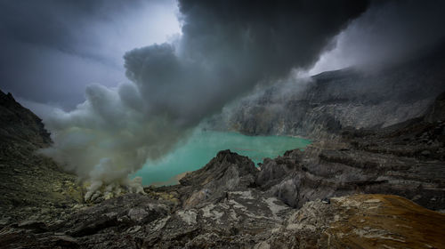 Smoke emitting from volcanic mountain