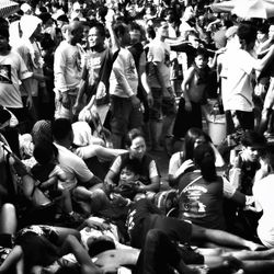 High angle view of people at music concert in city