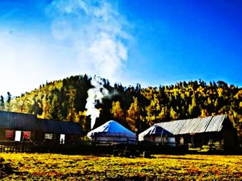 Scenic view of trees and houses against sky