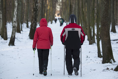 Rear view of people walking on snow covered landscape