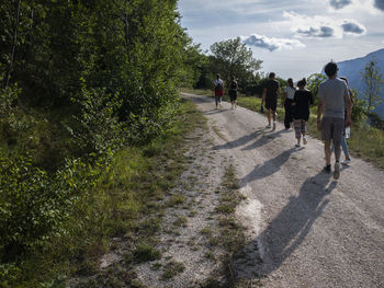 Rear view of people walking on road along trees