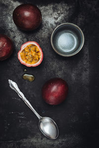 High angle view of fruits in bowl on table