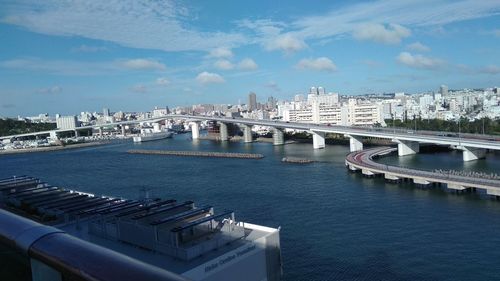 Panoramic view of bridge and cityscape against sky