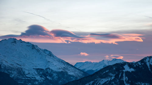 Scenic view of snow covered mountains against sky