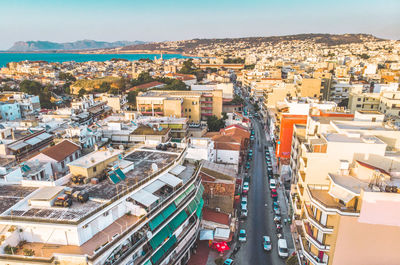 High angle view of buildings in city against sky in chania greece