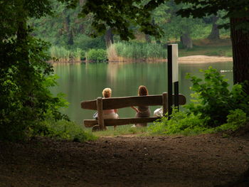 Gazebo in water against trees