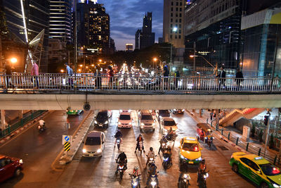 High angle view of traffic on city street at night