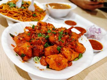 High angle view of food in plate on table