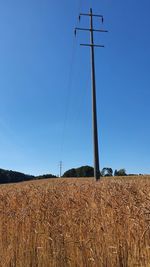 Low angle view of electricity pylon on field against clear blue sky