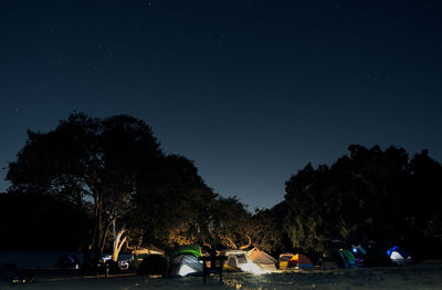 Illuminated tents on land at night