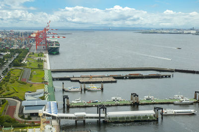 High angle view of harbor by sea against sky